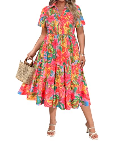 Image of CARCOS Plus Size Dresses for Curvy Women Collared Vneck Short Sleeve Dresses Midi Summer Ruffle Dress with Pocket XL-5XL