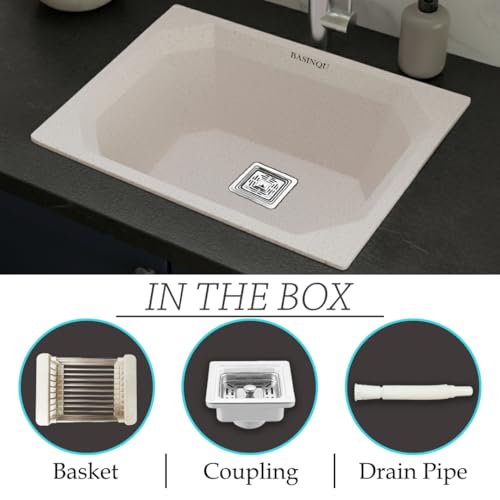 Image of BASINQU Quartz Sink for Kitchen | 24x18x9 Inches Rosa Single Bowl Sink For Kitchen Basin Diamond Designed | Granite UV Protected Scratch Resistant, Undermount /Topmount Kitchen Sinks
