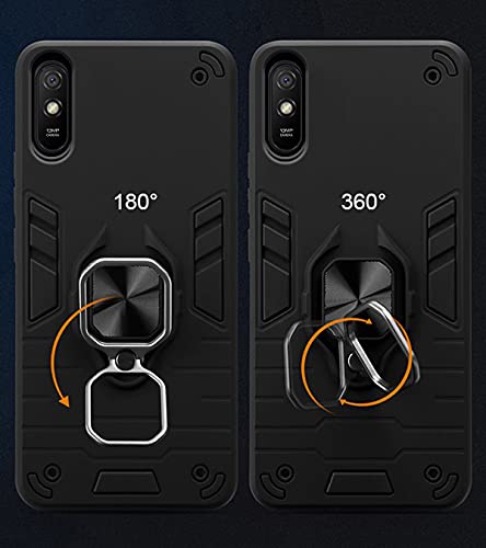 Image of Pikkme Thermoplastic Polyurethane, Plastic D5 Tough Armor Bumper Back Cover with Ring Holder and Kickstand in-Built for Redmi 9A, Redmi 9i (Black)