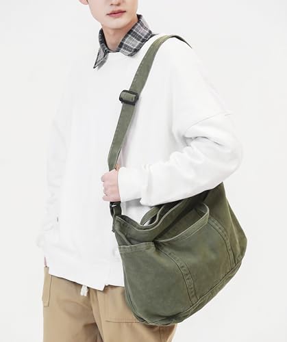 Image of Cotton Tote Handbag Women Canvas Crossbody Beach Bag Hobo Shoulder Tote Bag with 3 External Pocket,Zipper Closure