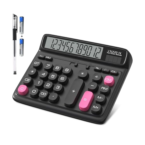 Desktop Calculator with Extra Large 5-Inch LCD Display, 12-Digit Two Way Power Solar & Battery Office Calculator with Big Buttons for Business, Accounting & Home Use(Black)