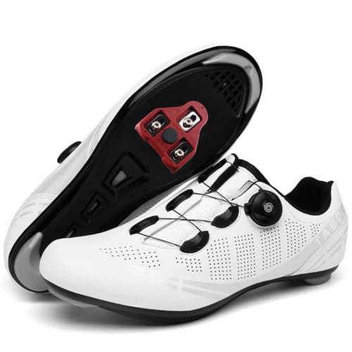 GKVUOG Zapatilla de Ciclismo Hombre, Zapatillas de Carretera Exterior Compatibles Look System Profesionales Zapatos de Bicicleta Spinning,Blanca,45 EU
