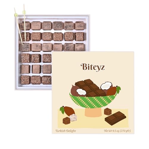 Image of Biteyz Cacao Turkish Delight, Vegan Candy Gift Box - Assorted Gourmet Treats with Chocolate Flavor, Cacao Powder and Coconut Flakes, 36 Pieces of Luxury Handmade Snacks