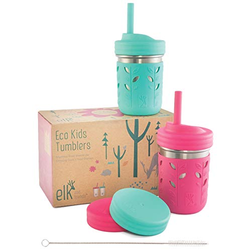 Image of lk and Friends Stainless Steel Cups | Mason Jar 10oz | Kids & Toddler Cups with Silicone Sleeves & Straws with Stopper | Spill proof Smoothie Cups