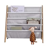 3 Sprouts Recycled Fabric Kids Bookshelf – 4-Tier Sling Book Rack Storage - Kids Room Book Shelves, Nursery, Playroom, Classroom - Bookcase Display Shelf for Toddler, Children Age 3+ - Light Grey