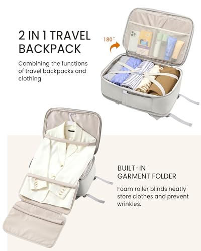 Image of LOVEVOOK Travel Backpack for Women, 50L Carry On Backpack Flight Approved with Garment Bag, Personal Item Travel Bag Fit 17 Inch Laptop, Business Weekender Overnight Daypack With 2 Cubes, Pink-Grey