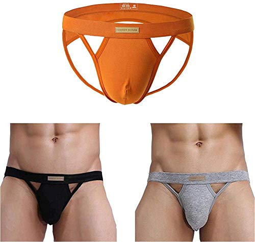 KAMUON Menâ€™s 3-Pack Cotton Jock Strap Sexy Athletic Thongs Underwear Jockstrap (US M = Asian Tag L : Waist 32"-34", Black+Orange+Grey)