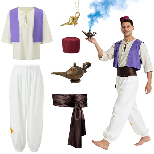 Dtiaagto Déguisement Aladdin pour Homme avec Lampe et Chapeau, Déguisement de Carnaval, Halloween, Cosplay et Soirée à Thème