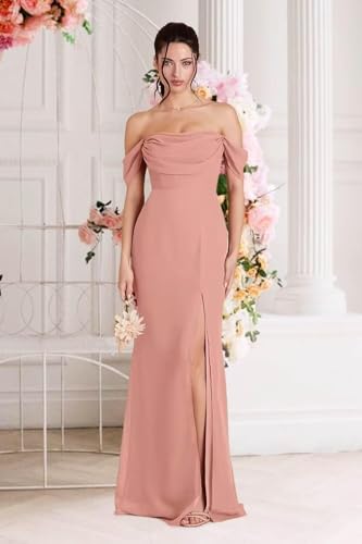 yinyyinhs Off Shoulder Chiffon Bridesmaid Dresses for Women 2025 Long Ruched Cowl Neck Formal Evening Party Dress with Slit2