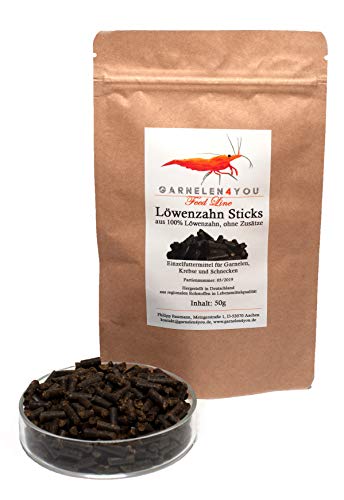 GARNELEN4YOU® Löwenzahn Sticks, 50 g hochwertige Futter Pellets zur entspannten Fütterung von Aquarienbewohnern wie Garnelen, Krebse und Schnecken, 1x 50g Cover