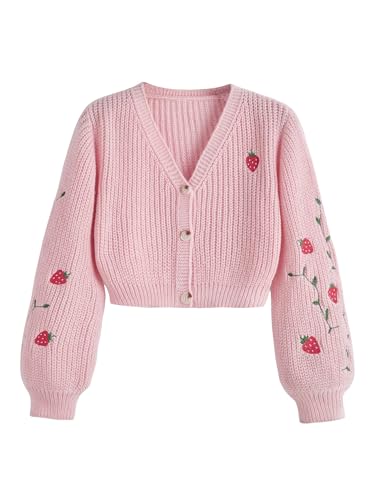 MakeMeChic Women's Strawberry Embroidery Lantern Sleeve V Neck Button Down Cardigan Knit Tops