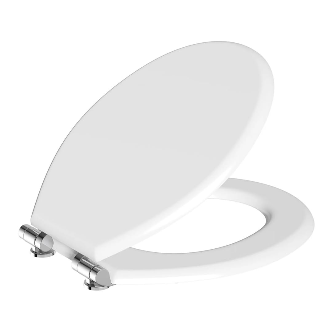 Adeptna White Luxury Durable 18" Toilet Seat - Adjustable To Fit Most Toilets, Oval Seat Hinges And Parts Bathroom Wooden Mdf Toilet Seat - Easy To Clean And Install (White)