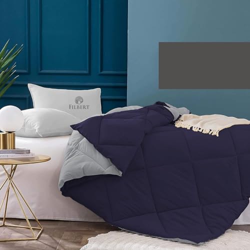 Image of Filbert 600 GSM Comforter for Double Bed | Super Warm Winter Quilt /Rajai | Thick Microfiber Blanket with Cloud-Soft Fill | Luxury Bedding for Winters - 90x100 Inch | Silver /Navy Blue