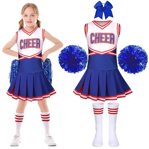 PIXUYE Déguisement Pompom Girl Uniforme de Pompom Girl Fille Costume de Pom-Pom Girl avec Pom Poms Chaussettes Deguisement Cheerleader pour Halloween Carnaval Mascarade,Cyan-130