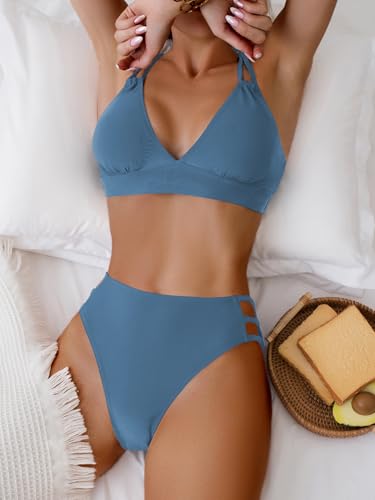 Image of Fanuerg Women's Sexy V Neck Bikini Sets Hollow Out Two Piece Swimsuits Cutout Mid Waist Bathing Suit