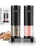 Electric Salt and Pepper Grinder Set Automatic Battery Pepper Mill Shakers Adjustable Coarseness Easy Filling Upgraded Larger Capacity with Led (2 Pack Black/Black）