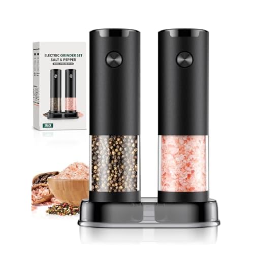 Electric Salt and Pepper Grinder Set Automatic Battery Pepper Mill Shakers Adjustable Coarseness Easy Filling Upgraded Larger Capacity with Led (2 Pack Black/Black）