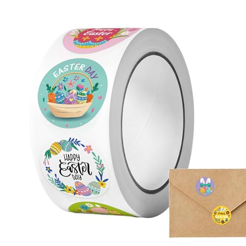 Etiqueta De Decoración De Dibujos Animados De Huevo De Conejo De Pascua Etiqueta Engomada De Vacaciones De Pascua Redondos Y Impermeables, Huevos De Pascua Decorados,Patrón Colorido De Conejo