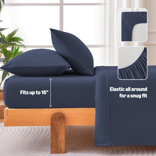 Image of Amazon Basics Jersey Knit 4-Piece Sheet Set, Wrinkle Resistant and Easy Fit, Includes 16 inch Deep Pocket Fitted Sheet, 1 Flat Sheet and 2 Pillowcases, King, Navy Blue