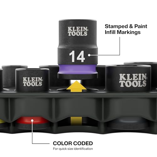 Image of Klein Tools 80207 Grab-And-Go Impact Socket Sets, SAE and Metric, 20-Piece Set with Sleeves, Carabiners, 3 /8-Inch Drive, Color-Coded, 1 /4-Inch to 3 /4-Inch, 8 mm to 19 mm Sockets