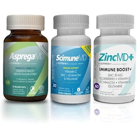 ScimeraMD® AspregaMD 30CT Probiotic + Prebiotic, ScimeraMD® ScimuneMD 30CT Immune Support and ScimeraMD® ZincMD Immune Support Supplement for Digestive Health and Immune System Support Cover