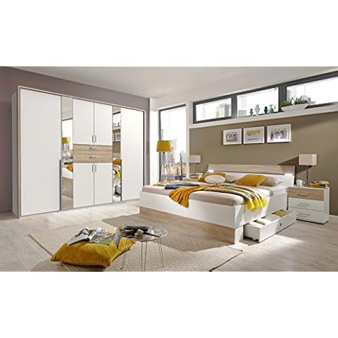 lifestyle4living Schlafzimmer Komplett Set in Eiche Sonoma Dekor und Weiß, 4-teilig | Modernes Komplettset mit Drehtürenschrank, Bett 180x200 LED und 2 Nachtschränken Cover