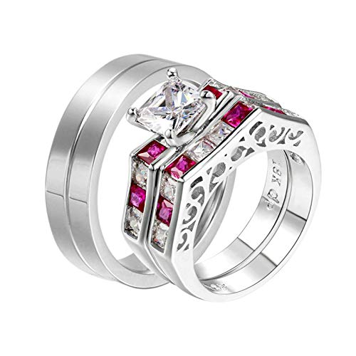 Aokarry Couple Ring Bridal Set His Hers Wedding Rings Set Stainless Steel Groove Bands & White Gold Plated Cubic Zirconia Geometric Ring Women Size 9 & Men Size 9.5