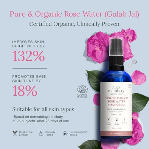 Image of Juicy Chemistry Organic Rose Water (Hydrosol), 100 ml | Face Toner for Glowing, Brighter and Hydrated Skin | Made with Bulgarian Damask Roses - Clinically Tested