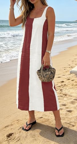 Image of CHARTOU Women Summer Sleeveless Linen Dress Contrast Color Maxi Long Beach Vacation Tank Dress