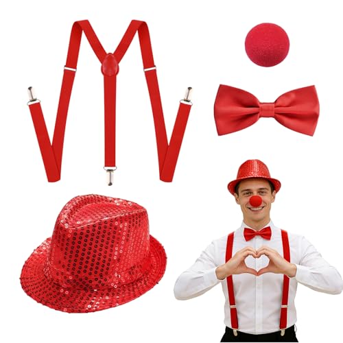 GYIOFAI Conjunto de 4 peças de fantasia de Gatsby dos anos 20 para homem, gravata de nariz, chapéu superior, chapéu para adultos, festas temáticas de Halloween, disfarces, carnaval, festival, Vermelho