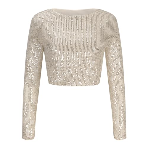 Sequin Crop Tops for Women Long Sleeve Crewneck Glitter Tshirt Y2K Teen Girls Cute Sparkle Blouse Tees for Party Club