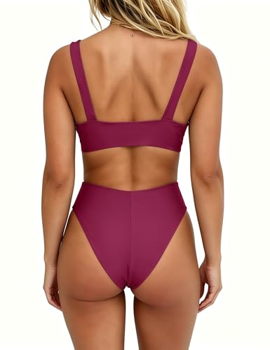Image of geluboao Bikini Set for Women Solid V Neck Knot Front Push Up High Leg Thong Two Piece Swimsuit