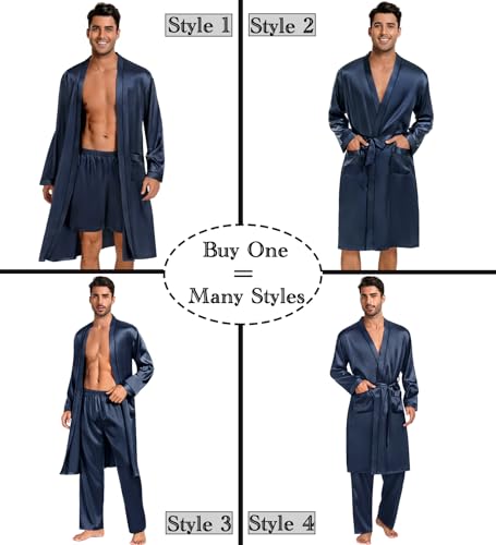 Image of SWOMOG Mens 3 PCS Satin Robe with Pants & Shorts Set Kimono Bathrobe Long Sleeve Sleepwear Pjs Sets with Pockets