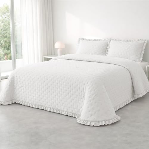 Victorio & Lucchino – Colcha Lavada Termosellada con Volante – Incluye Fundas de Cojín – Colcha Decorativa Moderna (Marina - Blanco, Cama 105 cm)