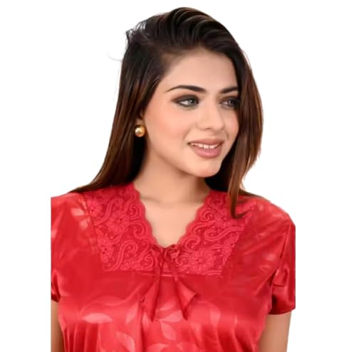 Women's Satin Nightdress, Purple, Lace Neckline with Bow Detail, Short Sleeve Night Gown (Maroon, L)-image-44