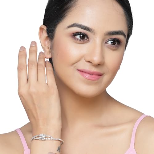Image of ZENEME Rhodium-Plated American Diamond Studded Flower Patterned Kada Bracelet For Girls and Women