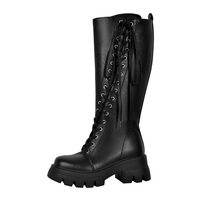 KISTANIA Knee High Platform Boots For Women Chunky Heel Lace Up Combat Boots