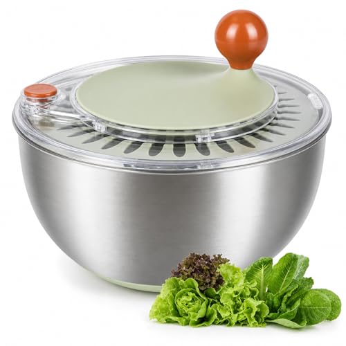 jjojcll Stainless Steel Salad Spinner Lettuce Spinner with Drain Non-Slip Base Stop Button Vegetable Dryer BPA Free