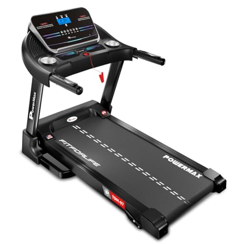 PowerMax Fitness TDM-97 4HP Manual Incline Motorized Foldable Treadmill with 12 preset Workouts, Max Speed 12kmph, Aux, Speaker|Cardio Machine for Max User 110Kg, Heart Rate Sensor, Black