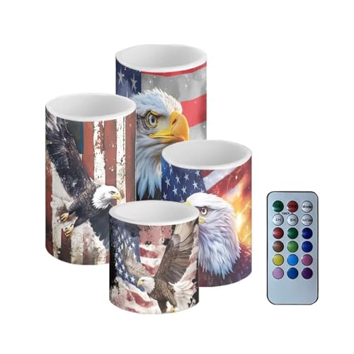 Image of American Flag Eagle Flameless Candles Battery Powered LED Candle with Remote Timer Color Changing Control 4 Pieces Candles for Independence July 4th Day Decor