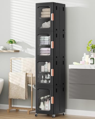 Image of BROVIEW 4-Tier Tall Narrow Storage Cabinet Organizer, Slim Bathroom Cabinets with Adjustable Shelves and Doors, Plastic Kitchen Pantry Organizers and Storages for Small Space, Laundry, Black