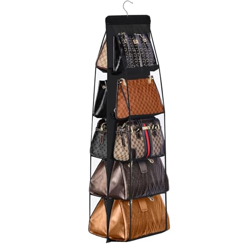 CJWLKJ 10 Pockets Hanging Purse Handbag Organizer Clear Hanging Shelf Bag Collection Storage Holder Purse Bag Wardrobe Closet Space Saving Organizers (Black)