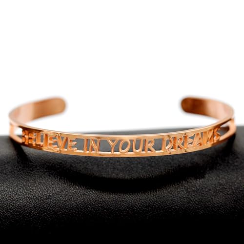 Image of Uloveido Fashion Cuff Encouragement Bracelets for Women with Quote Believe In Your Dreams Hollow Bangle Cuff Bracelet Rose Gold Plated for Women Encouragement Gifts Y467