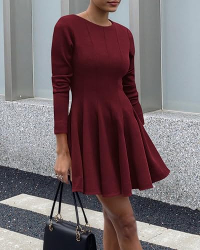 BTFBM Long Sleeve A Line Mini Dresses for Women,Burgundy,Medium - image 4
