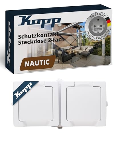 Kopp NAUTIC 2-fach Schutzkontakt-Steckdose mit Klappdeckel in Arktis-Weiß - Sichere Aufputz-Steckdose mit erhöhtem Berührungsschutz - Waagrechter IP44 Feuchtraumsteckdosen-Aufputz 16A / 250V~