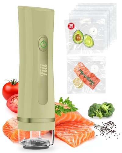 Fiii Portable Vacuum Sealer for Food, Compact Vacuum Sealer with Visible Water Tank, 30 Reusable Vacuum Bags, Handheld Sealer Machine，Olive Green