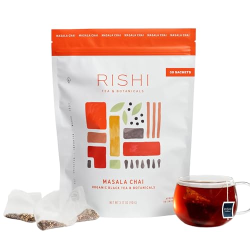 Rishi Tea Masala Chai Black Sachet Tea Bag Blend - Organic, Assam with Whole Spices, Energizing & Caffeinated - 30 Count