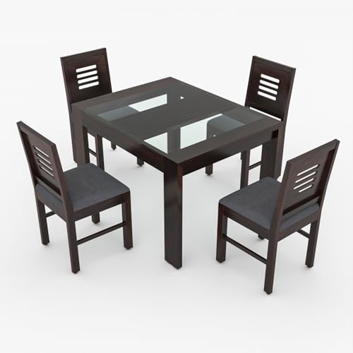 Image of Solid Sheesham Wood Dining Table Set of 4| Wooden 4 Seater Dining Table with 4 Chairs with Cushion|Wood Dining Table & Chairs for Home, Restaurant, Cafe, Dining Room | Walnut Finish
