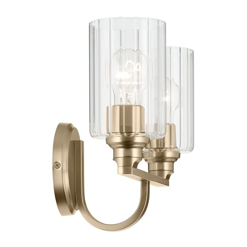 Image of Kichler Gioe 2-Light Vanity Light Fixture 14.25 inch Bathroom Light with Clear Fluted Glass in Champagne Bronze for Bathroom Vanity Over Mirror (14.25 inch W x 10.5 inch H), 55225CPZFLU