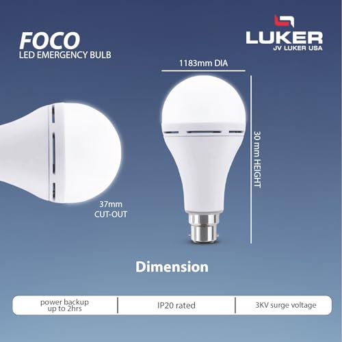 Image of LUKER JVLuker 12W Emergency LED Bulb B22 Base Energy Efficient Inverter Light 3.5 Hours Backup 120 Degree Wide Beam Coverage High CRI Lights for Home and Office 1 Year Warranty (Pack of 1, White)